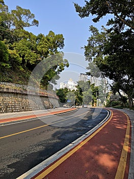 A  mountain road surrounded by trees.11