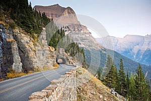 Mountain Road to tunnel on The Road to Sun at Glacier National Park