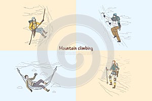 Mountain, rock climbing, alpinists using professional mountaineering equipment banner template