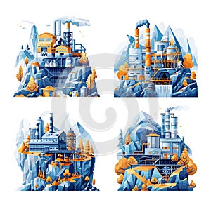 Mountain rock factory cartoon style vector illustrations. Wild forest nature plant production complex heavy industry