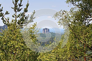 Mountain rock Falkenstein seen from the Affensteine in Saxon Switzerland