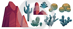 Mountain rocks and cacti stones with desert plants