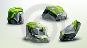 Mountain rocks with green moss, stones vector set