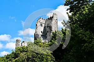 The mountain ruin of the 321 meter high Drachenfels with a beautiful blue sky