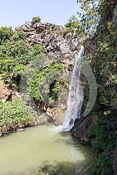 Mountain  Saar Falls with cold and crystal clear water descends from a crevice in the mountains of the Golan Heights in Israel