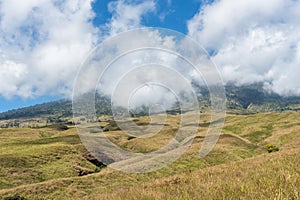 Mountain and savannah field with low cloud over hill. Rinjani mountain.