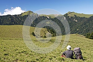 Mountain scene and backpacker