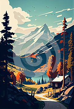 Mountain Scene Cabin Poster