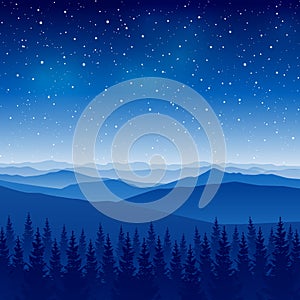 Mountain scene with coniferous forest on starry sky background - night landscape for poster and banner design