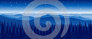 Mountain scene with coniferous forest on starry sky background- panoramic horizontal landscape for banner design