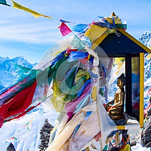 Mountain scenery from gokyo ri with prayer flags