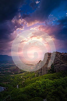 Mountain scenery with Meteora rocks and Monastery