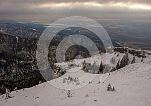 Malebný výhľad na hory počas zimného východu slnka. smreky pokryté čerstvým snehom, zasnežený vrchol v pozadí.