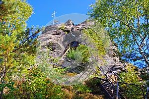 Mountain Scharfenstein rock in Zittau Mountains