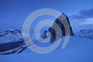 Mountain Segla, Senja islands, Norway. High mountains at the winter time. Winter landscape.