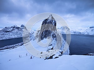 Mountain Segla, Senja islands, Norway. High mountains at the winter time. Winter landscape.