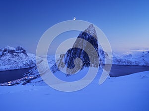 Mountain Segla, Senja islands, Norway. High mountains at the winter time. Winter landscape.