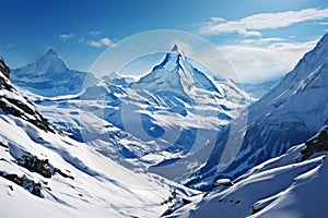 Mountain serenity Breathtaking panoramic scene featuring snow covered peaks