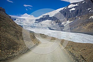 Mountain series, snow mountain, glacier and blue sky aside the parkway towards Jasper national park