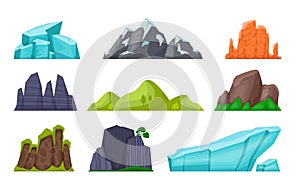Mountain set. Cartoon rocky hills and creeks, snowy mountain peaks and glaciers, desert cliffs. Vector nature landscape