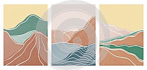 Mountain on set. Mid century modern minimalist art print. Abstract contemporary aesthetic backgrounds landscape