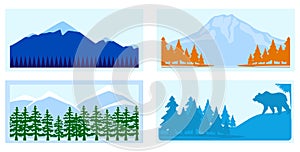 Mountain set, outdoor nature landscape, tourism graphics, silence nature banner, design, in cartoon style vector