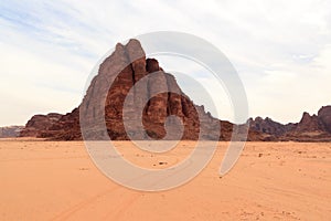 Mountain Seven Pillars of Wisdom at desert Wadi Rum, Jordan