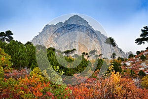 Mountain Shaan-kaya, the city of Alupka, Crimea. A very beautiful autumn landscape: forest, mountains, clouds. For cards, calendar