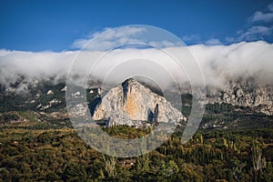 Mountain Shaan-kaya, the city of Alupka, Crimea. A very beautiful autumn landscape: forest, mountains, foggy clouds