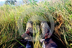 mountain shoes, feet and grass