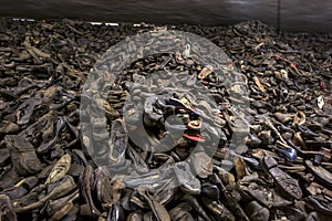 A mountain of shoes taken from executed prisoners on display at the Auschwitz-Birkenau State Museum at Oswiecim in Poland.
