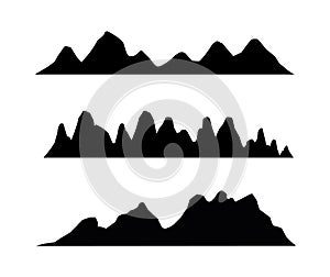 Mountain silhouettes overlook. Vector rocky hills terrain vector, mountains silhouette set isolated on white background