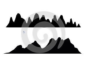 Mountain silhouettes overlook. Vector rocky hills terrain vector, mountains silhouette set isolated on white background