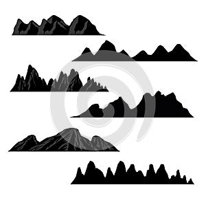 Mountain silhouettes overlook. Vector rocky hills terrain vector, mountains silhouette set isolated on white background