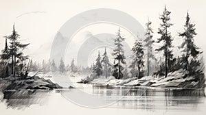 Mountain Sketch: Pine Trees Along Water