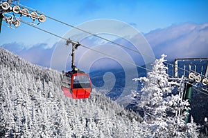 Mountain ski resort gondola. Amazing winter day.