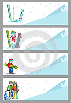 Mountain skier winter sport flyer design template. Snowboarding and skiing on flyers. Vector illustration.