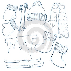 Mountain skiing icons in line art. Snow ride essentials collection