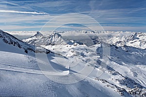 Mountain skiing - panoramic view from Plateau Rose at the ski slopes and Cervinia, Italy, Valle d& x27;Aosta, Breuil-Cervinia,