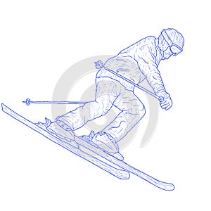Mountain slalom skier silhouette sketch on white background