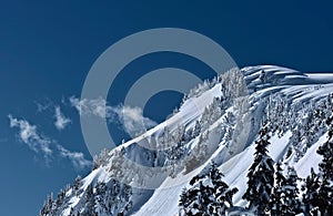 Mountain slope with frozen trees covered with frost and snow on a winter day.