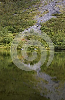 Mountain slope reflected in lake, perfect reflection, rapadalen, Sweden