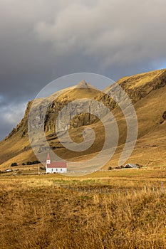 Mountain and a small church, Vik, south Iceland