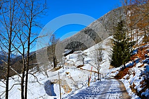Mountain snow covered road in Karavanke mountains