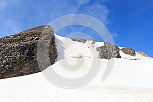Mountain snow and glacier panorama with Eiswandbichl north face in Glockner Group, Austria