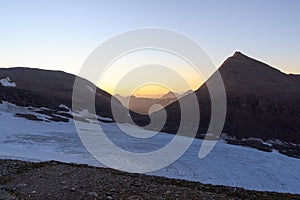 Mountain snow and glacier panorama with summit Fuscherkarkopf during sunrise in Glockner Group, Austria