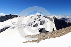 Mountain snow and glacier Pasterze panorama seen from summit Johannisberg in Glockner Group, Austria