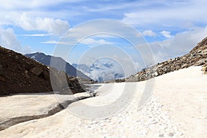Mountain snow panorama seen from col Keilscharte in Glockner Group, Austria