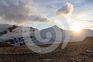 Mountain snow panorama, summit Johannisberg (High Tauern) during sunset in Glockner Group, Austria