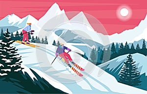 Mountain snow skier. Winter slalom. Adventures and action in Alps. Cold blue ice. Downhill landscape. Pines and scenic photo